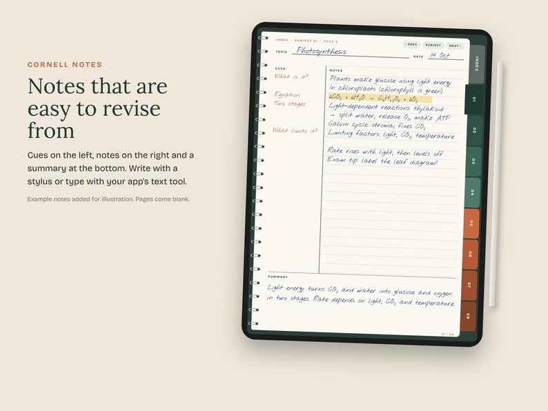 Puede incluir: Una tableta digital que muestra una plantilla de notas Cornell con texto escrito a mano sobre la fotos&iacute;ntesis. La interfaz presenta una barra lateral con pesta&ntilde;as numeradas, una barra de navegaci&oacute;n superior y un l&aacute;piz &oacute;ptico blanco.
