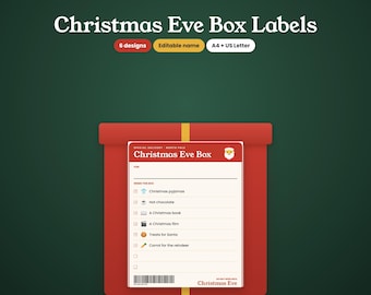 Etiketten für Weihnachtsabendboxen zum Ausdrucken, bearbeitbare Etiketten für Weihnachtsabendboxen, Etiketten für Weihnachtsmann-Sonderlieferungen, Etiketten für Kinder-Weihnachtsabendboxen, A4-PDF