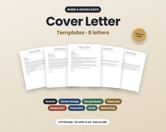 May include: A set of eight digital cover letter templates for Word and Google Docs, featuring US Letter and A4 sizes. The display shows five white document pages with black text, labelled with various names and the text Cover Letter Templates.