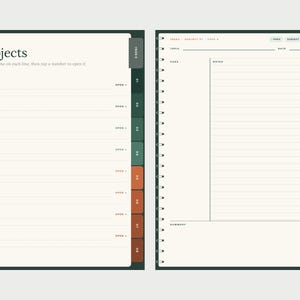 Puede incluir: Un dise&ntilde;o de planificador digital con dos p&aacute;ginas y encuadernaci&oacute;n en espiral verde oscuro. La p&aacute;gina izquierda enumera ocho temas con c&iacute;rculos numerados en verde y naranja. La p&aacute;gina derecha incluye campos para tema, fecha y notas con una secci&oacute;n de resumen.