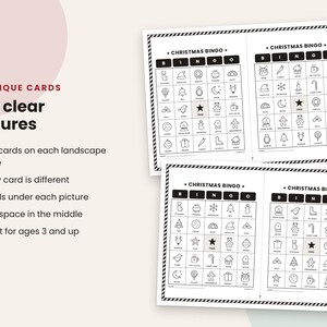 May include: A set of printable Christmas Bingo cards featuring black and white line art icons. Each card includes a grid with the text CHRISTMAS BINGO at the top, a central free space marked with a star, and various holiday-themed illustrations.