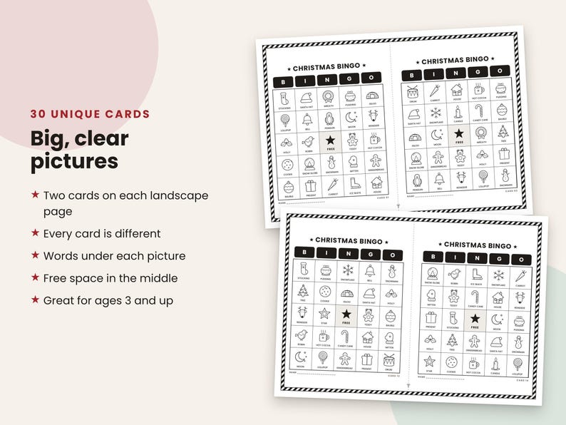 May include: A set of printable Christmas Bingo cards featuring black and white line art icons. Each card includes a grid with the text CHRISTMAS BINGO at the top, a central free space marked with a star, and various holiday-themed illustrations.