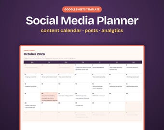 May include: A digital social media planner Google Sheets template featuring a monthly calendar for October 2026. The interface displays a grid layout with daily content entries, posts, and analytics tracking, set against a dark purple background.