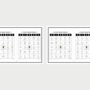 May include: Four black and white Christmas Bingo game cards arranged in two pairs. Each card features a grid with holiday-themed icons, the text CHRISTMAS BINGO, and a central free space marked with a star. The cards have striped borders.