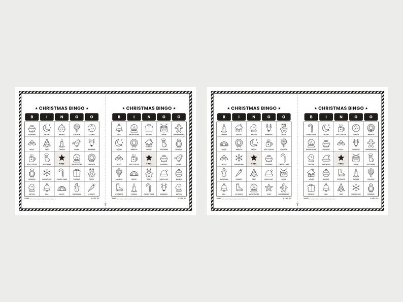 May include: Four black and white Christmas Bingo game cards arranged in two pairs. Each card features a grid with holiday-themed icons, the text CHRISTMAS BINGO, and a central free space marked with a star. The cards have striped borders.