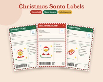 Weihnachtsetiketten-Set (Farben: 2), Weihnachtsetiketten mit Weihnachtsmann, Frau Weihnachtsmann und Elfen (4x6 Zoll), bearbeitbare Geschenketiketten für Kinder, druckbare PDF- und PNG-Dateien