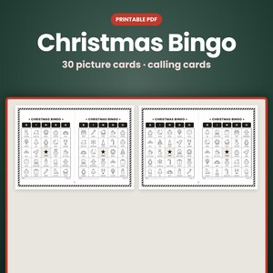 May include: A printable PDF Christmas Bingo game set featuring 30 picture cards and calling cards. The document displays two black and white bingo grids with holiday-themed icons, each labeled Christmas Bingo with a central star.