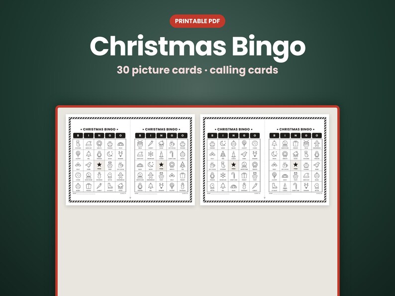 May include: A printable PDF Christmas Bingo game set featuring 30 picture cards and calling cards. The document displays two black and white bingo grids with holiday-themed icons, each labeled Christmas Bingo with a central star.