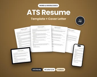 May include: A digital ATS resume template and cover letter set for Word and Google Docs. The display shows multiple white document pages with black text, a tablet, and a smartphone, all featuring the name Amelia Hart at the top.