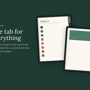 Puede incluir: Dos tabletas digitales muestran una interfaz de planificador con ocho pesta&ntilde;as codificadas por colores. La pantalla muestra una lista de temas numerados del uno al ocho, con p&aacute;ginas rayadas y un &iacute;ndice. El texto en pantalla dice 8 SUBJECTS, One tab for everything.