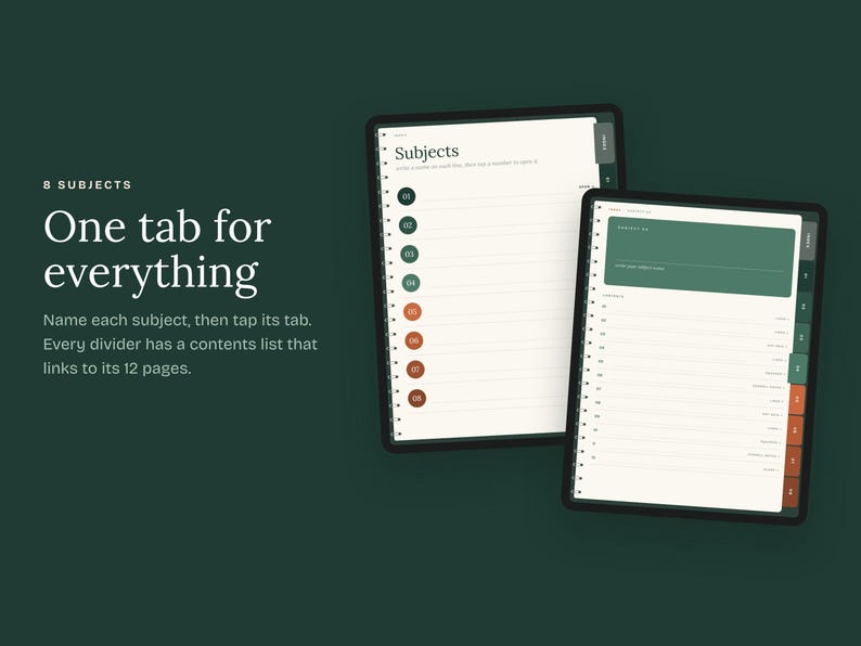 Puede incluir: Dos tabletas digitales muestran una interfaz de planificador con ocho pesta&ntilde;as codificadas por colores. La pantalla muestra una lista de temas numerados del uno al ocho, con p&aacute;ginas rayadas y un &iacute;ndice. El texto en pantalla dice 8 SUBJECTS, One tab for everything.