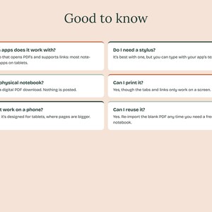 Puede incluir: Un gr&aacute;fico de informaci&oacute;n digital titulado Good to know, que presenta seis cajas rectangulares blancas con texto oscuro que responden a preguntas comunes sobre una descarga de PDF digital, incluyendo compatibilidad con aplicaciones.
