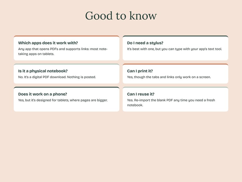 Puede incluir: Un gr&aacute;fico de informaci&oacute;n digital titulado Good to know, que presenta seis cajas rectangulares blancas con texto oscuro que responden a preguntas comunes sobre una descarga de PDF digital, incluyendo compatibilidad con aplicaciones.
