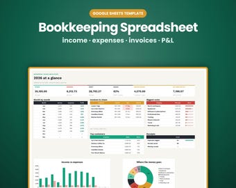 May include: A Google Sheets template for a bookkeeping spreadsheet titled 2026 at a glance. The interface displays financial data including income, expenses, invoices, profit, and loss with charts, tables, and numerical summaries.