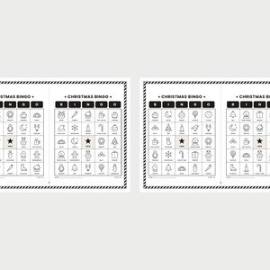 May include: Four black and white Christmas Bingo game cards arranged in two pairs. Each card features a grid with holiday-themed icons, the text CHRISTMAS BINGO, and a central star labeled FREE. The cards have a striped border design.