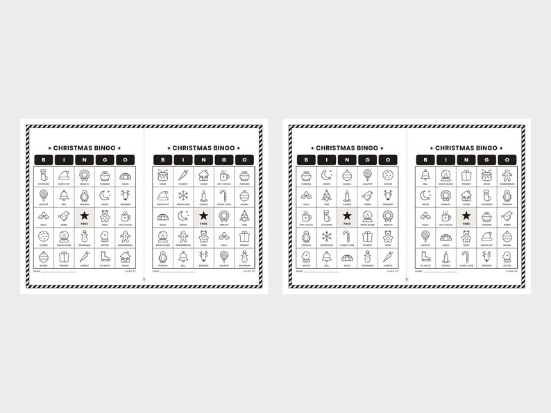 May include: Four black and white Christmas Bingo game cards arranged in two pairs. Each card features a grid with holiday-themed icons, the text CHRISTMAS BINGO, and a central star labeled FREE. The cards have a striped border design.
