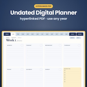 Puede incluir: Un planificador digital sin fecha en formato PDF con hipervínculos. La interfaz presenta un diseño semanal con secciones de lunes a domingo, una lista de prioridades y pestañas de navegación para meses, índice, diario y notas.