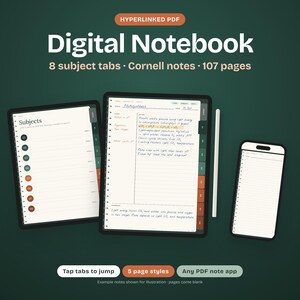 Puede incluir: Un cuaderno digital mostrado en dos tabletas y un tel&eacute;fono inteligente, con 8 pesta&ntilde;as de temas, notas Cornell y 107 p&aacute;ginas. El texto dice Hyperlinked PDF, Digital Notebook, 8 subject tabs, Cornell notes, 107 pages, Tap tabs to jump, 5 page styles, Any PDF note app.