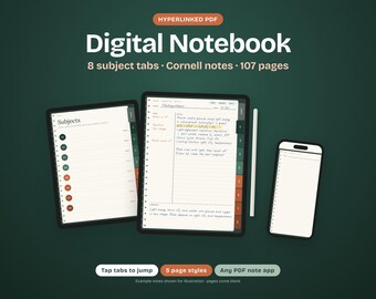 May include: A digital notebook displayed on two tablets and a smartphone, featuring 8 subject tabs, Cornell notes, and 107 pages. The text reads Hyperlinked PDF, Digital Notebook, 8 subject tabs, Cornell notes, 107 pages, Tap tabs to jump, 5 page styles, Any PDF note app.