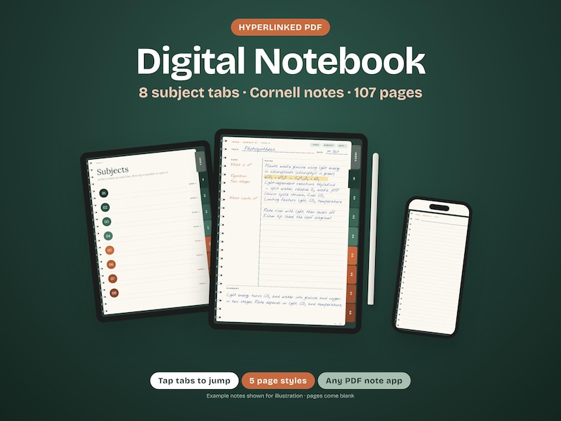 Puede incluir: Un cuaderno digital mostrado en dos tabletas y un tel&eacute;fono inteligente, con 8 pesta&ntilde;as de temas, notas Cornell y 107 p&aacute;ginas. El texto dice Hyperlinked PDF, Digital Notebook, 8 subject tabs, Cornell notes, 107 pages, Tap tabs to jump, 5 page styles, Any PDF note app.