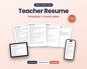 May include: A digital teacher resume template and cover letter set for Word and Google Docs. The display shows multiple document pages, a tablet, and a smartphone, all featuring the text Emma Carter and Roar Bennett with ATS friendly labels.
