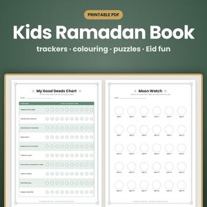 Puede incluir: Un libro de Ramadán para niños en formato PDF imprimible con rastreadores, coloreables y rompecabezas. Las páginas muestran una tabla de buenas acciones con iconos de estrellas y una página de observación lunar con círculos.