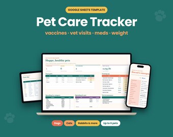 May include: A digital Pet Care Tracker Google Sheets template displayed on a laptop, tablet, and smartphone. The interface features sections for vaccines, vet visits, medications, and weight tracking, with text labels for up to 6 pets.