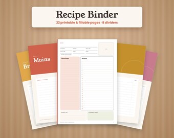 Recipe Binder Printable, Recipe Book Template, Recipe Cards, Family Cookbook, Recipe Organizer with Dividers, Meal Planner, Fillable PDF