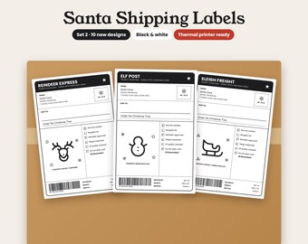 Weihnachtsmann-Versandetiketten-Set 2, Schwarz-Weiß-Weihnachtsmann-Etiketten 4x6, Thermodrucker-Weihnachtsetiketten, Elf Post, Bearbeitbare PDF- und PNG-Dateien