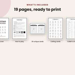 May include: A 19-page printable Christmas picture bingo game set. Includes a cover page, how-to-play instructions, 30 unique bingo cards, calling cards, and a caller's checklist. All pages feature black line art icons on a white background.