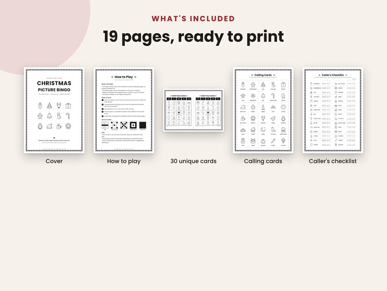 May include: A 19-page printable Christmas picture bingo game set. Includes a cover page, how-to-play instructions, 30 unique bingo cards, calling cards, and a caller's checklist. All pages feature black line art icons on a white background.