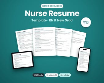 May include: A digital nurse resume template for Word and Google Docs, featuring multiple document pages, a tablet, and a smartphone displaying the resume. Text includes Nurse Resume, Template RN & New Grad, New grad version, ATS friendly, US Letter & A4, and Cover letter.