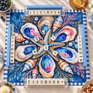 Oyster Mahjong Mat, Blue Coastal Oyster and Starfish Design, Non Slip American Mahjong Table Mat, Nautical Game Night Decor with Storage Bag