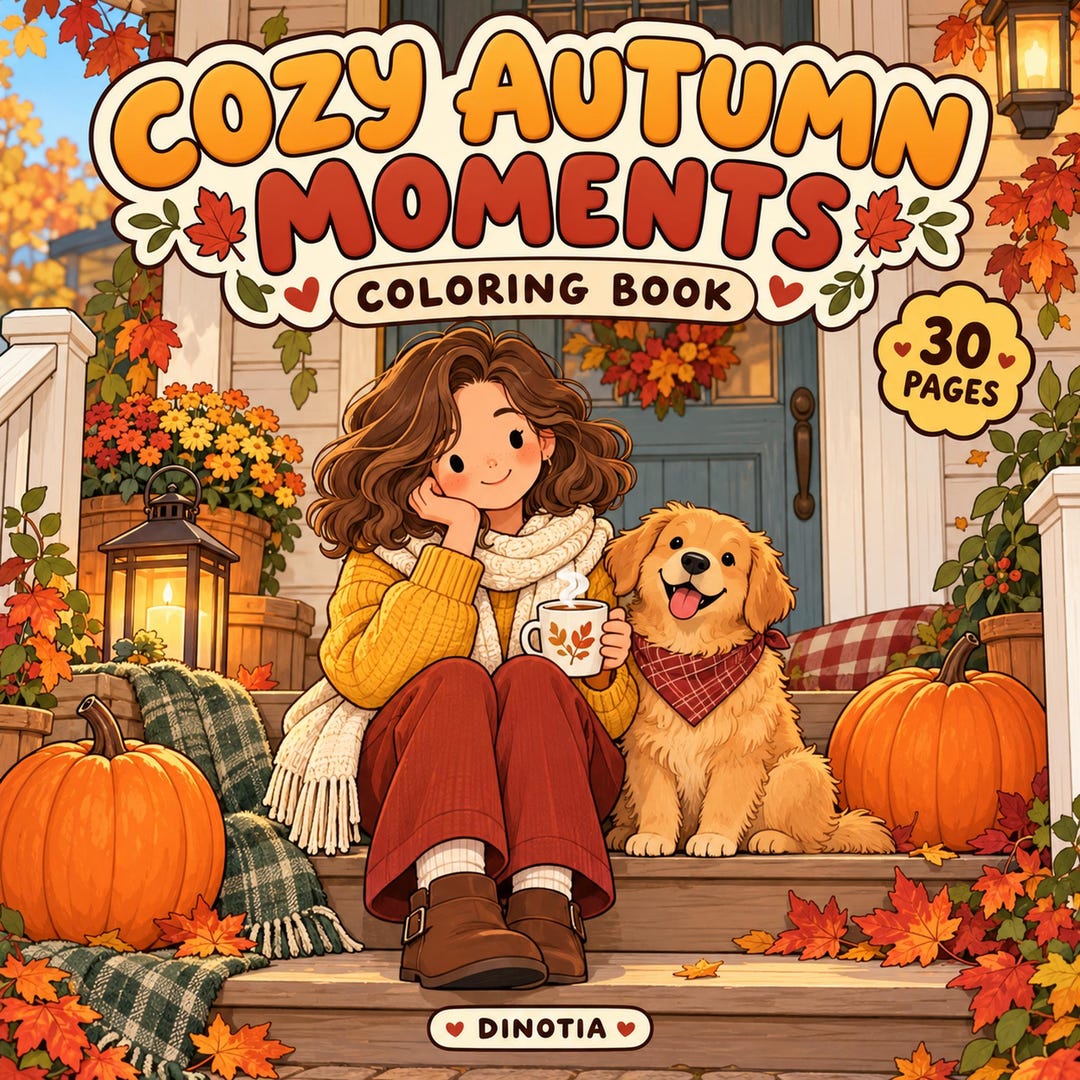 Autumn Coloring Book, 30 Fall Scenes With Characters and Pets ...