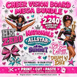 Op de afbeelding: Een digitaal cheerleading vision board pakket met twee cheerleaders in zwart-talingkleurige uniformen, één springend en één met een trofee. Bevat teksten zoals CHEER VISION BOARD MEGA BUNDLE, 2.240 WORD-ART CUTOUTS en HIT ZERO.