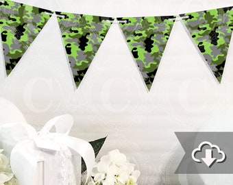 Green Camo Camouflage Banner Printable, DIY Custom Banner, Hunting Bunting Banner Printable, Printable Party Decor, Instant Download