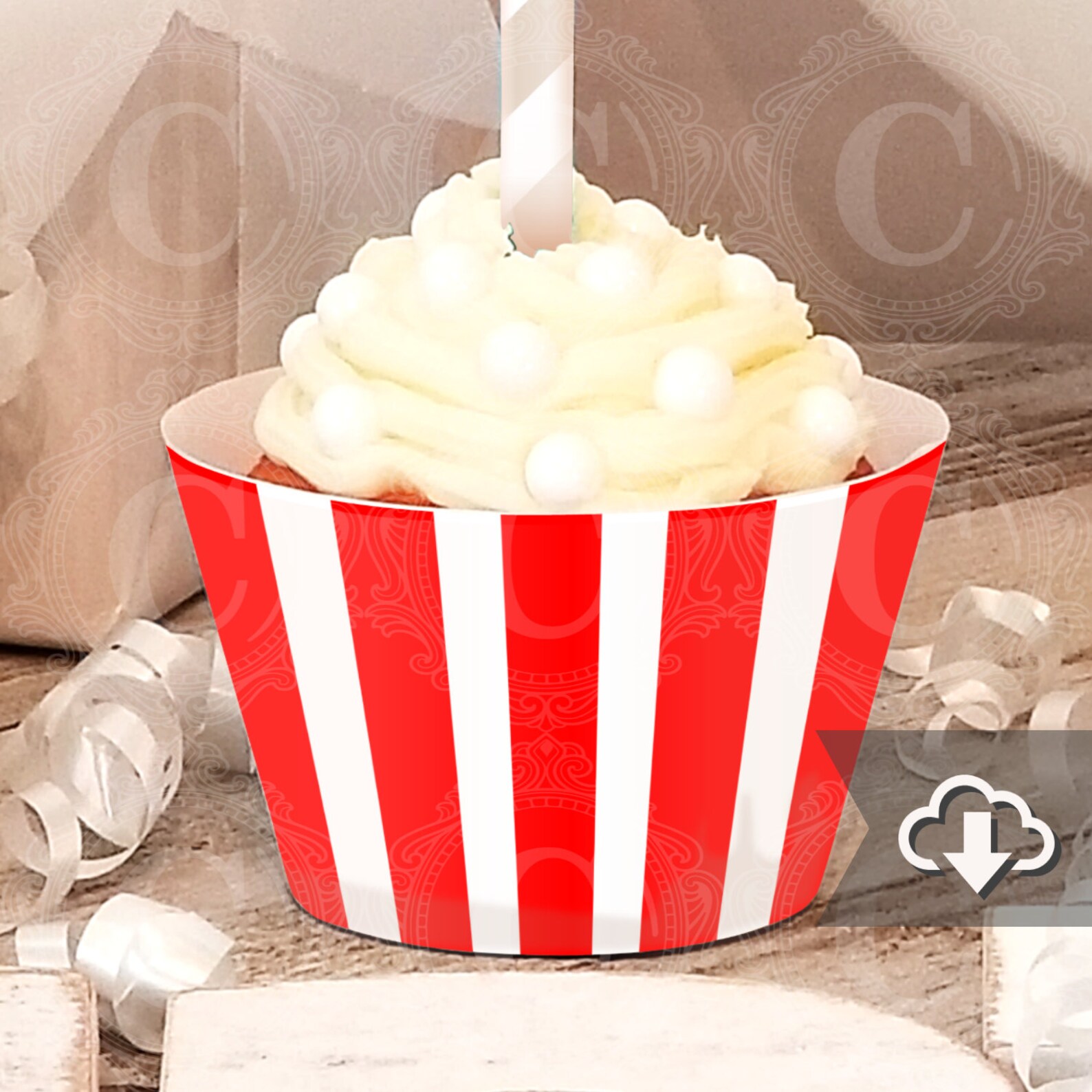 Red White Stripe Cupcake Wrapper Instant Download Movie Etsy