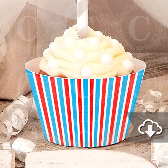 Turquoise Red White Stripe Cupcake Wrapper Instant Download