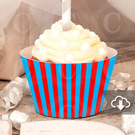 Turquoise Red Stripe Cupcake Wrapper Instant Download Circus