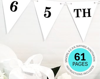 65th Birthday Banner Template Custom Happy 65th Birthday Banner Personalized Name Pennant Banner White 65th Birthday Bunting Banner DOWNLOAD