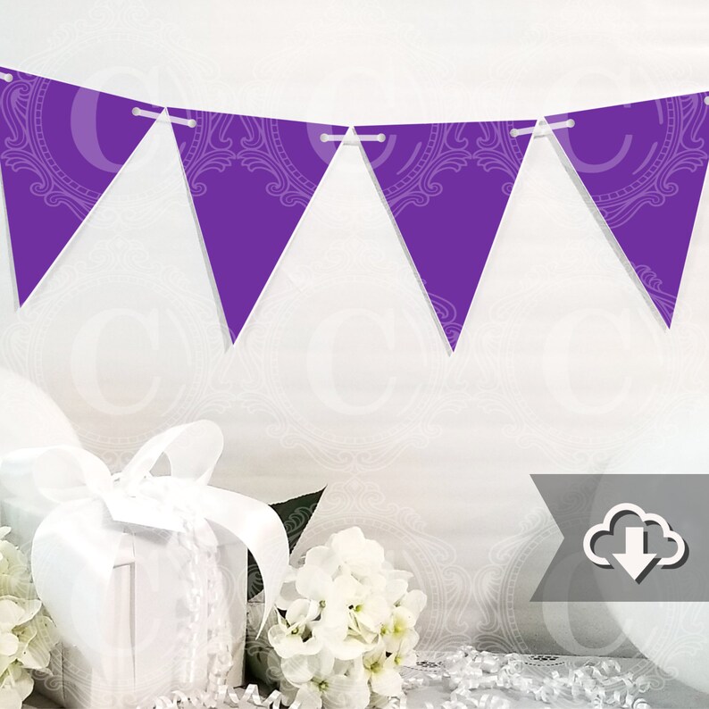 DIY Party Decorations by Cameo Party Designs Purple Garland PDF Printables Purple Banner Pennants