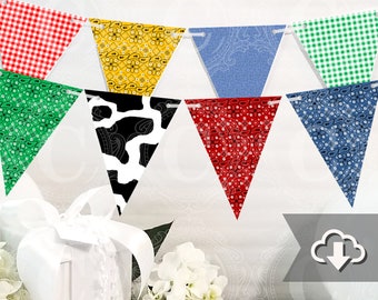 Farm Banner Printable, Kids Farm Party Decor, Cow Print, Bandana, Gingham, Blue Jean, Country Farm Printable Party Decor, Instant Download