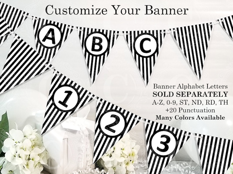 Black White Stripe Banner Printable, DIY Custom Banner, Bunting Banner Printable, Printable Party Decor, Instant Download image 3