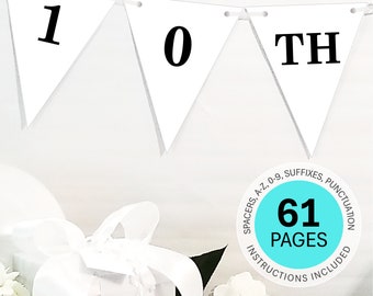 10th Birthday Banner Template Custom Happy 10th Birthday Banner Personalized Name Pennant Banner White 10th Birthday Bunting Banner DOWNLOAD