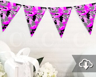 Pink Camo Banner Printable, Camouflage, DIY Custom Banner, Girls Hunting Bunting Banner Printable, Printable Party Decor, Instant Download