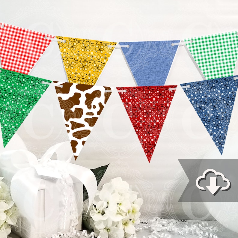 Kids Farm Party Decor Instant Download Brown Cow Print Blue Jean Gingham Country Banner Printable Bandana Farm Printable Party Decor