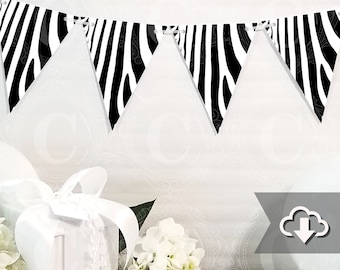 Zebra Print Banner Printable, DIY Custom Banner, Black, White, Animal Print, Jungle Safari Bunting Banner Printable, Printable Party Decor