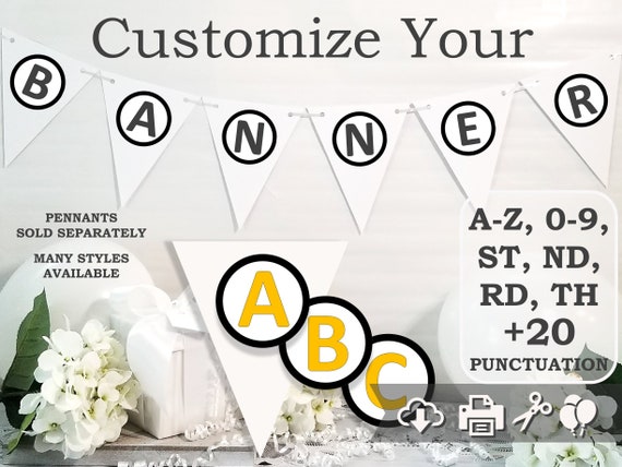 gold yellow alphabet banner letters printable decor gold yellow bunting letters custom banner punctuation included printable party decor by cameo party designs catch my party