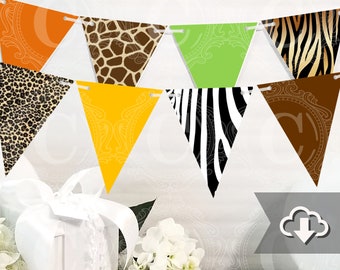 Jungle Safari Banner Bunting Printable, Animal Print Kids Party Decor, DIY Custom Banner, Jungle Printable Party Decor, Instant Download