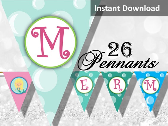 Mermaids Under the Sea Banner, Mermaid Party Decor, Mermaid Bunting, Under the Sea Party Banner, 26 Pennants, Printable Party Decor Il_570xn